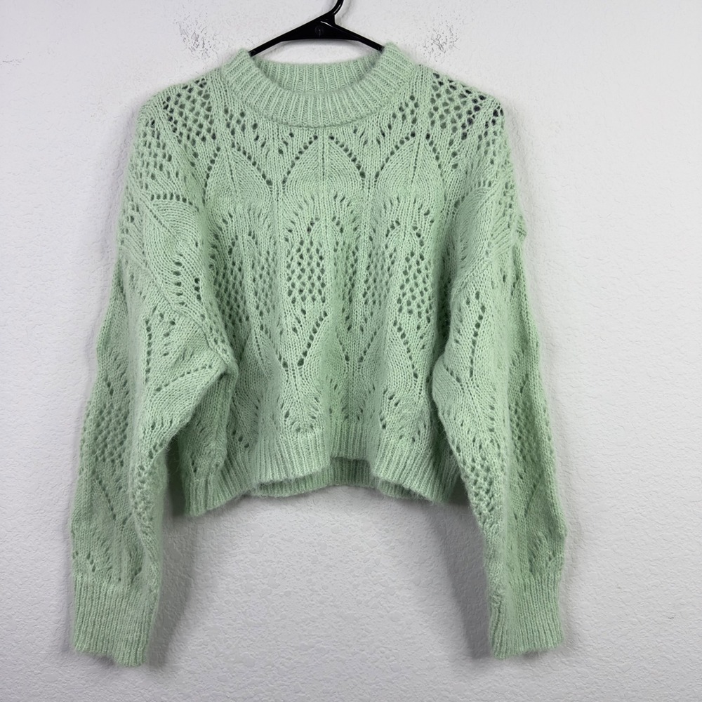 Topshop Sweater‎ M Green Lace Knit Pointelle Cropped Cottagecore Boho Soft Girl